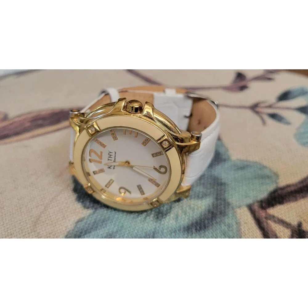 Kathy Van Zeeland Watch - Y2K Glam Gold Bezel & White Croc Leather Strap